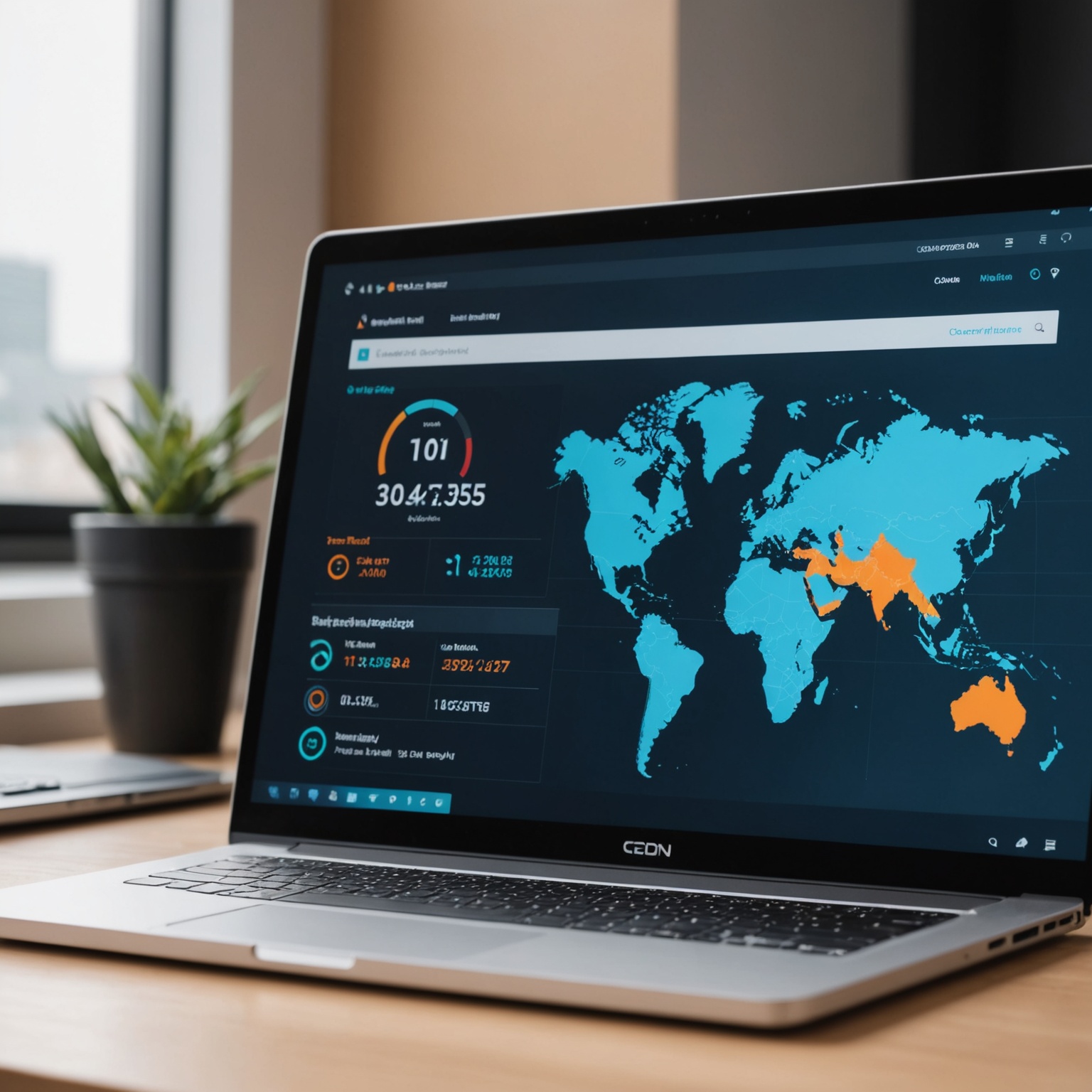 close up of a laptop screen showing a CDN dashboard, no people, tech concept, minimal